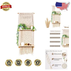 Versatile Hanging Macrame Shelf with 2-Tier Pine Wood - Bohemian Home Storage - Picture 1 of 9