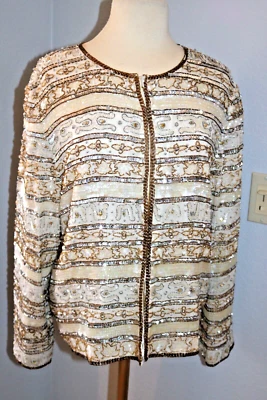 Vtg 80s Evening Jacket Beads Sequins 100% Silk Ivory Gold Women's - Image 1 of 4