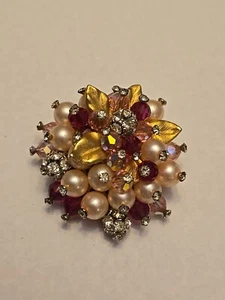 Vintage Coro Brosche goldfarben Blume, Kunstperlen und Strass - Bild 1 von 8