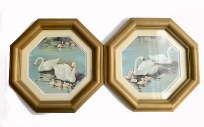 Винтажный MCM лебедь семьи пара латуни вид Burwood восьмиугольник картина искусства стены - Изображение 1 из 3