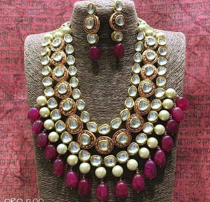 VeroniQ Trends- Designer Kundan Necklace Set in Multilayer Pearls & Faux Ruby St - Image 1 of 1
