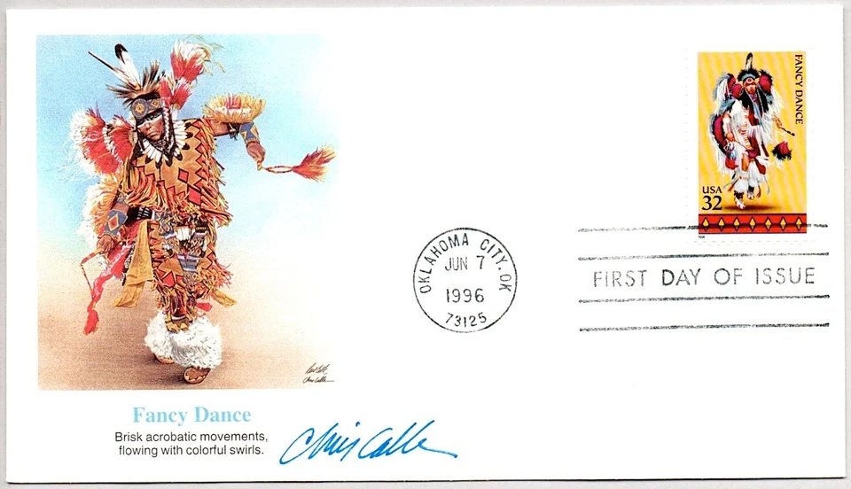 #3072 NATIVE AMERICAN INDIAN FANCY DANCE FDC DESIGNER CHRIS CALLE SIGNED - Image 1 of 1