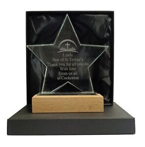 Personalised Jade Glass Star Trophy Award With Wooden Base, Any Text Engraved