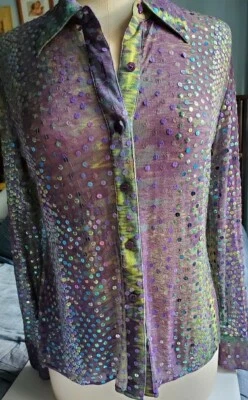 CAMISA MUJER OLEG CASSINI DEPORTES NOCTURNOS MANGA LARGA LENTEJUELAS BOTONES TALLA 4 Foto 1 de 4