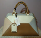 IACUCCI Genuine Leather Colorblock Satchel Handbag w/Strap Cream/Tan/Cappuccino