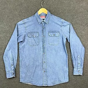Wrangler Mens Shirt Comfort Flex Size S Blue Denim Long Sleeve Logo Button Up - Picture 1 of 20