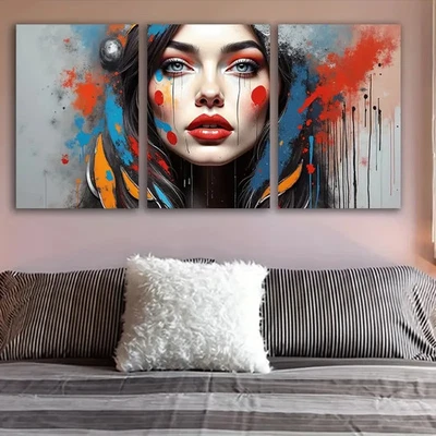 3pcs Vibrant Abstract Woman Face Paintings Wall Art Canvas Unframed/Framed - Image 1 of 4