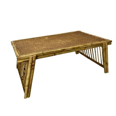 Vintage Bamboo & Rattan Coffee Table Woven Top Natural Boho Chic Folding Table - Image 1 of 4
