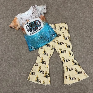 Western Baby Girls Short Sleeve Top With Denim Flared Jeans Casual Outfit - Picture 1 of 12