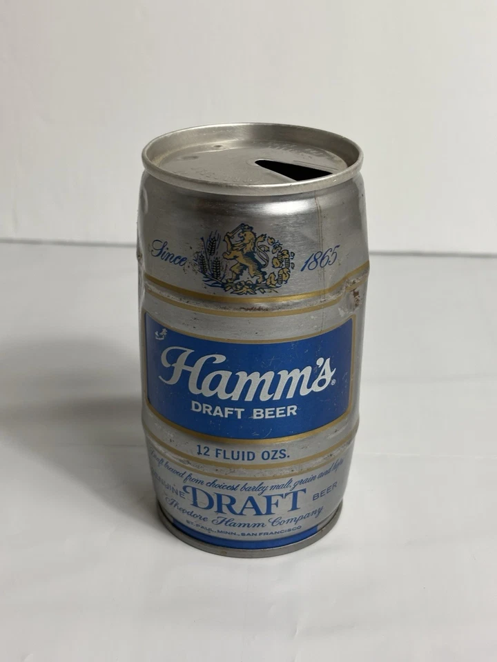 Lata de cerveza de colección 12 OZ Hamm's Draft barril de acero en forma Olympia St Paul tapa abierta Foto 1 de 4