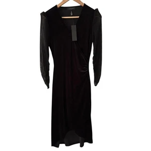Vestido H by Halston Negro Terciopelo Cuello en V Midi Envolvente con Mangas Transparentes Talla XS NUEVO CON ETIQUETAS - Imagen 1 de 6