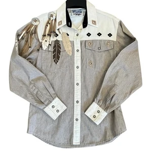 Vtg 80s Wrangler Western Shirt M Native American Concho Feathers Cowgirl Rodeo - Picture 1 of 15