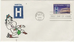 USA 1986 FDC HAND PAINTED RICHARD ELLIS ANIMATED PUBLIC HOSPITALS - Picture 1 of 1