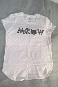 Girls WHITE S/S T-SHIRT Glitter Rhinestones MEOW Pink Kitty Cat Faces M 7-8 - Picture 1 of 1