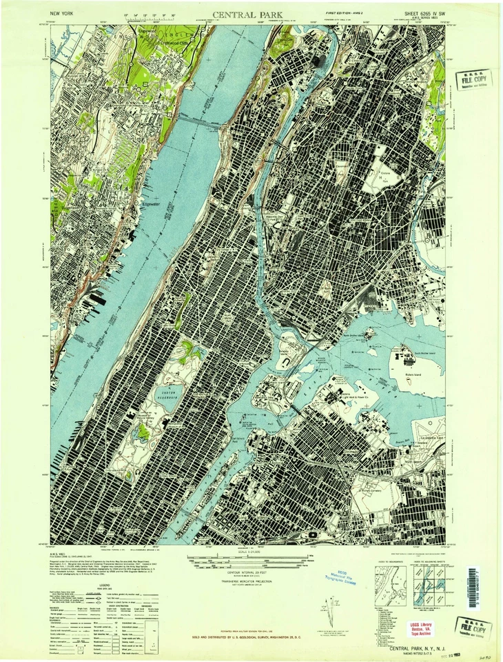 Central Park, NY, Topographic Map, 1947, USGS – Premium Matte Print – Historic - Image 1 of 1