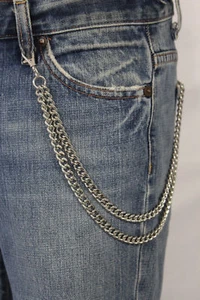 Men Silver Wallet Chain Metal Links Fashion Jeans Biker 2 Strands Classy Look - Picture 1 of 10