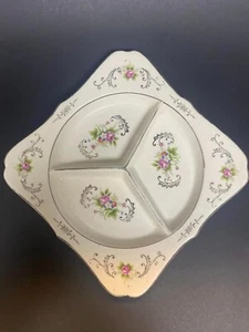 Vintage Floral Porcelain Divided Candy Mint Nut Dish Plate MIJ Japan - Picture 1 of 4