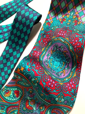 GIANNI VERSACE VINTAGE AÑOS 90 MEDUSA ARABESCA CORBATA FLORAL PAISLEY REJILLA VERDE ITALIA Foto 1 de 4