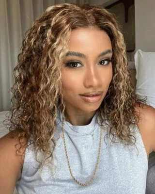 Brown Blonde Highlight Bob Wigs Lace Front Human Hair Wigs Pre Plucked Curly Wig - Image 1 of 4