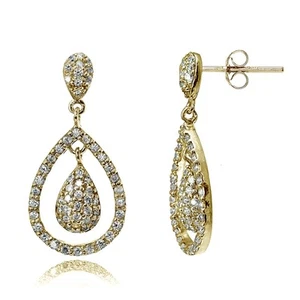 Gold Tone over Sterling Silver Cubic Zirconia Double Teardrop Dangle Earrings - Picture 1 of 3