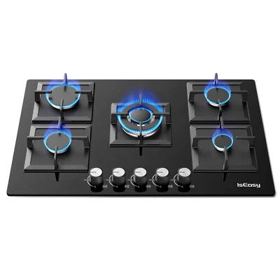 ISEASY Piano Cottura 5 Fuochi gas Cucina a Gas 77 cm Piano Cottura Incasso Vetro Nero