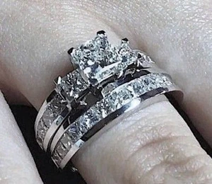 2.75CT NATURAL PRINCESS DIAMOND ENGAGEMENT BRIDAL RING SET 14K WHITE GOLD PD348E - Picture 1 of 12