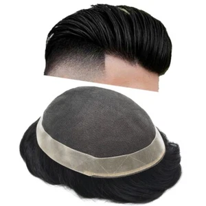 Mens Toupee Wig French Lace Poly Coat Human Hairpieces Male Replacement System - Picture 1 of 95