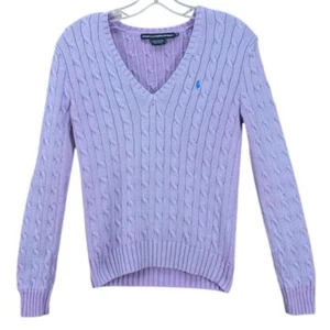 Vtg Ralph Lauren Sport Sweater Womens Cable Knit V-Neck Medium Purple 90s Pony - Picture 1 of 10