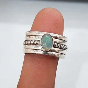 925 Sterling Silver Natural Australian Opal Gemstone Spinner Band Yoga Ring S-07 - Picture 1 of 2