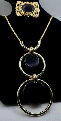 Big Bold Chunky Faux Black Onyx 5" Dangle Pendant Snake 24" Chain Necklace w Pin - Image 1 of 4