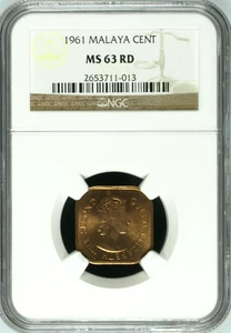 Mazuma* N1453 NGC Malaya Queen Elizabeth QEII 1961 One Cent MS63 RD - Picture 1 of 2