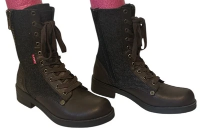 Levi’s Botas Mujer’s Talla 8 Cremallera Lateral Azul Denim y Marrón Estilo Militar Foto 1 de 4