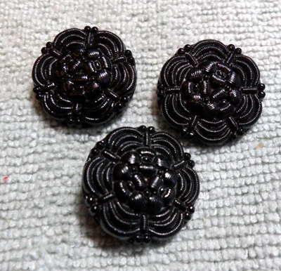 3 Vintage Antique Black Glass Picture Buttons FANCY FLOWER DESIGN - Image 1 of 4