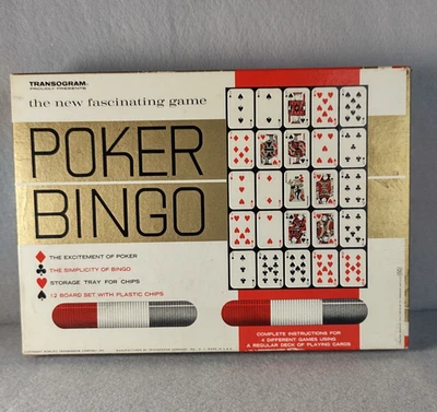 Transogram Poker Bingo Card Game Vintage 1963 12 Boards Cards & Chips Complete  - Image 1 of 4