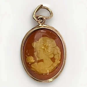 Vintage 14k massiv Gelbgold Dame mit Rose Baltischer Bernstein Kamee Anhänger - Bild 1 von 5