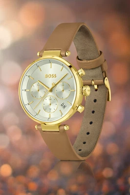 Reloj deportivo para mujer BOSS Majesty 36 mm caja dorada esfera plateada cuero marrón 3 ATM Foto 1 de 4