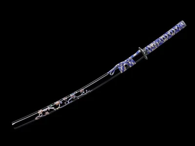紫色/金色 Katana 带蓝色雕刻刀片和花卉漆鞘 — 第 1/4 张图片