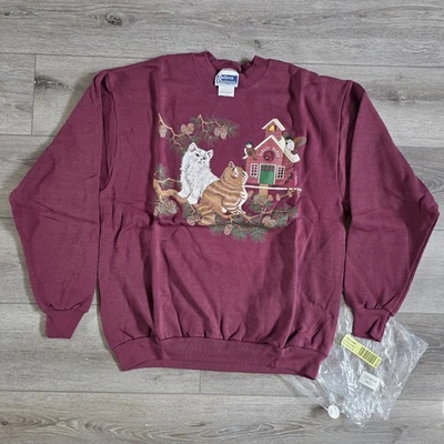 New Endless Design Sz M Sweatshirt Womens Maroon Crew Neck Cats Winter Holiday - Image 1 of 4
