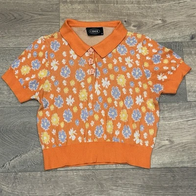 Camisa Tejida Sidra Cuello Abotonada Estampado Floral Mediana Retro Estilo Años 70 Naranja Foto 1 de 4