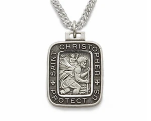 STERLING SILVER ENGRAVED RECTANGLE ST. CHRISTOPHER MEDAL NECKLACE & CHAIN - Picture 1 of 1