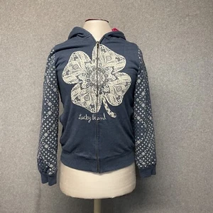 Lucky Brand Zip Blue Hoodie Jacket Pink Plush Fleece Lined Clover Youth L 14/16 - Picture 1 of 14