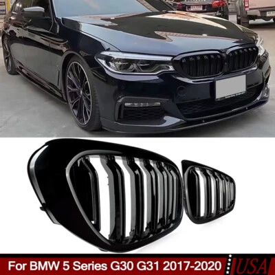 Gloss Black Fit BMW 5 Series G30 G31 530i 540i 2017-2020 Front Kidney Grille - Image 1 of 4