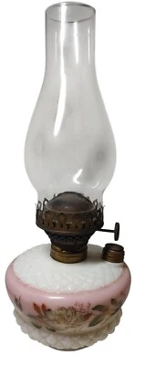 Antique Em Co Milk Glass Oil Lamp with Hurricane Shade Painted Punk Flowers SEE - Image 1 of 4
