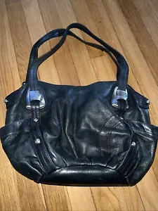B Makowsky Schultertasche Handtasche schwarz Leder doppelte Griffe Leopardenmuster innen - Bild 1 von 13