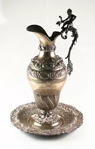 Antica brocca d'acqua e piatto argento Art Nouveau cherubino - Foto 1 di 10