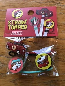Buc-ee's Straw Topper 3 piece set - New in Package - Red Truck, Logo - Picture 1 of 2