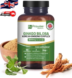 ✅Ginkgo Biloba & Korean Ginseng 8000mg 180 Vegan Tablets Brain Energy Boost UK✅ - Picture 1 of 7