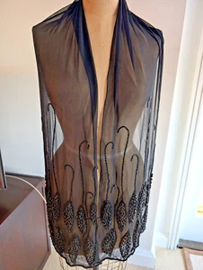 Silk Beaded Black Rectangle Shawl Wrap Opera Scarf - Picture 1 of 6