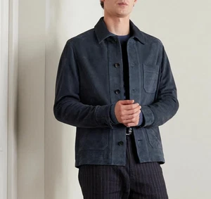 Mens Blue Vintage Suede Leather Jacket Slim Fit Bomber Biker Trucker Jacket 2XL - Picture 1 of 3