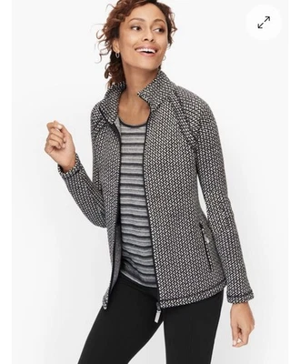 T by Talbots Zig Zag Stand Collar Jacket Womens MP Petite Soft Black White NEW - Image 1 of 4